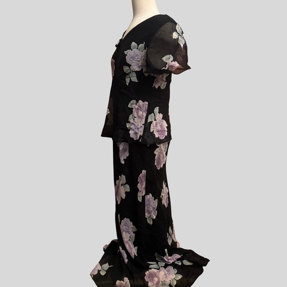 Spenser Jeremy 100% Silk Floral Dress Size 10 Black Purple Elegant Sheer Overlay - Picture 3 of 4